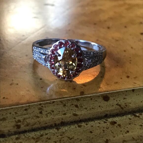 Natural Red Sapphire Yellow Zircon Sterling Silver Halo Ring Size 9 - Picture 9 of 9